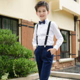 4PCS Boys Outfit Blue Long Sleeve Shirts and Suspender Pants Dress Up
