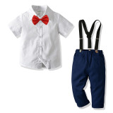 4PCS Boys Outfit Short Sleeve Shirts and Suspender Pants Dress Up