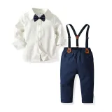 4PCS Boys Outfit Suit Shirts and Suspender Navy Pants Dress Up