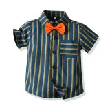 4PCS Boys Outfit Green Short Sleeve Shirt and Suspender Shorts with Tie