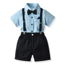 4PCS Boys Outfit Blue Short Sleeve Shirts and Black Suspender Shorts Dress Up
