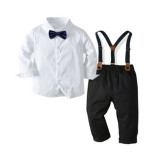 4PCS Boys Outfit Long Sleeve Shirt and Navy Suspender Pants Dress Up