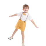3PCS Boys Outfit Short Sleeve Shirt and Suspender Shorts Dress Up with Strap