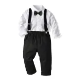 4PCS Boys Outfit White Long Sleeve Shirts and Black Suspender Pants