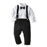 4PCS Boys Outfit White Long Sleeve Shirts and Black Suspender Pants