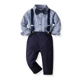 4PCS Boys Outfit Blue Plaid Shirts and Navy Suspender Pants Dress Up