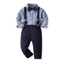 4PCS Boys Outfit Blue Plaid Shirts and Navy Suspender Pants Dress Up