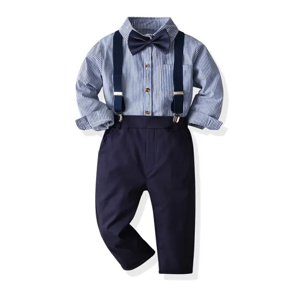 4PCS Boys Outfit Blue Plaid Shirts and Navy Suspender Pants Dress Up