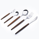 5 Pieces Wooden Tableware Set Smooth Edge Stainless Steel Tableware Includes Dinner Forks Knives Spoons
