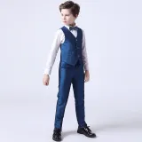 3PCS Boys Blue Outfit Suit Coat Vest and Pants with Tie Dress Up