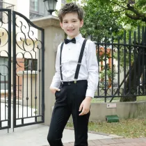 4PCS Boys Outfit Blue Long Sleeve Shirts and Suspender Pants Dress Up