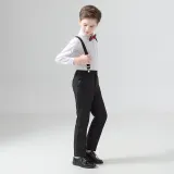 4PCS Boys Outfit Long Sleeve Shirt and Suspender Pants with Tie
