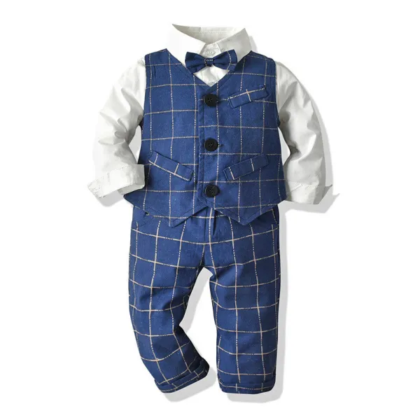 3PCS Boys Blue Plaids Outfit Long Sleeve Shirt Suit Vest and Pants Dress Up