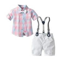 4PCS Boys Outfit Pink Plaid Shirts and Suspender Shorts Dress Up
