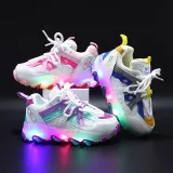 LED Light Kids Mesh Breathable Multicolor Splicing Casual Sneakers Shoes