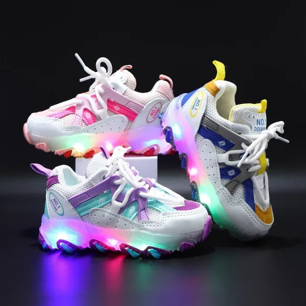LED Light Kids Mesh Breathable Multicolor Splicing Casual Sneakers Shoes