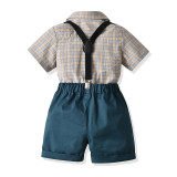 4PCS Boys Outfit Khaki Plaid Short Sleeve Shirt and Suit Shorts Dress Up