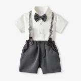 3PCS Boys Outfit Short Sleeve Shirt and Suspender Shorts Dress Up with Strap