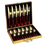 24 Piece Smooth Edge Stainless Steel Tableware Includes Dinner Forks Knives Spoons Gold Box