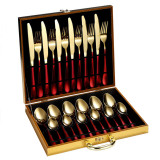 24 Piece Smooth Edge Stainless Steel Tableware Includes Dinner Forks Knives Spoons Gold Box