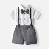 3PCS Boys Outfit Short Sleeve Shirt and Suspender Shorts Dress Up with Strap