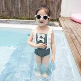 Baby Girls Swimsuit Bowknot Flounce Shoulder One-Piece Bikini With Cap