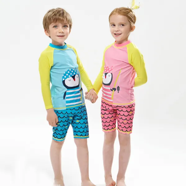 Kids Swimsuit Cartoon Penguin Long Sleeve Tops And Short Pants