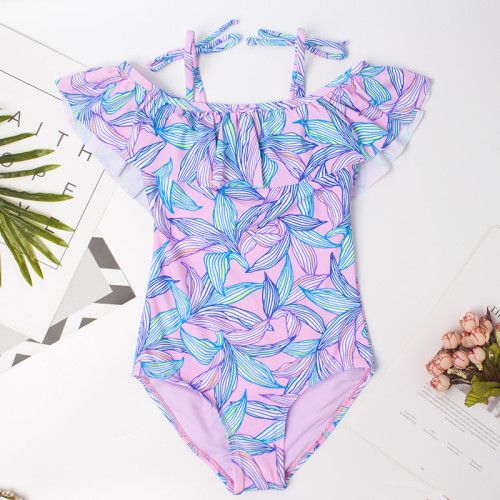 Toddler Girl Swimsuit Purple Leaves Printing Ruffled Off-the-shoulder Beachwear