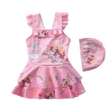 Baby Girls Rainbow Unicorn Cartoon Castle Printed Swimsuits Ruffled Skirts One-Piece