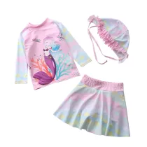 3PCS Baby Toddler Girl Cartoon Mermaid Swimsuit Long-Sleeves Skirts Set