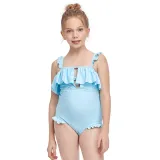 Girls One-Piece Pure Color Swimsuit Ruffled Beachwear For Toddler Kids