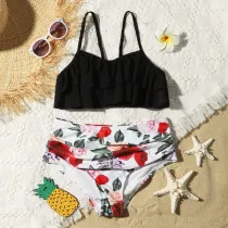 Toddler Girls Swimsuit Pure Color Ruffle Tops Flower Printing Panties Set
