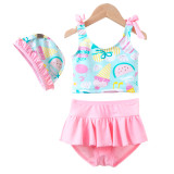 3PCS Toddler Girl Swimsuit Cartoon Printing Ruffled Beachwear