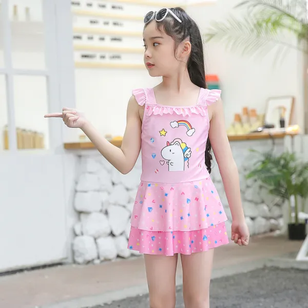 Girls One Piece Swimsuits Unicorn Rainbow Print Skirt Diamond Ruffled Swimwear