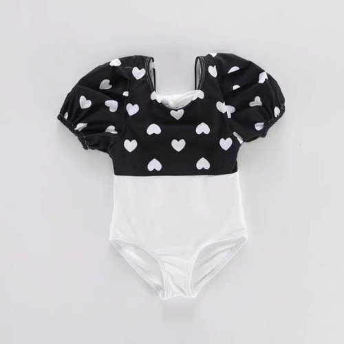 Baby Girls Swimsuit Black White Heart Shape Puff Sleeve One-Piece Bikini With Cap