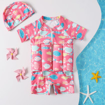 Baby Toddler Girls Pink Float Fish Zipper Short Buoyancy Swimsuit With Cap