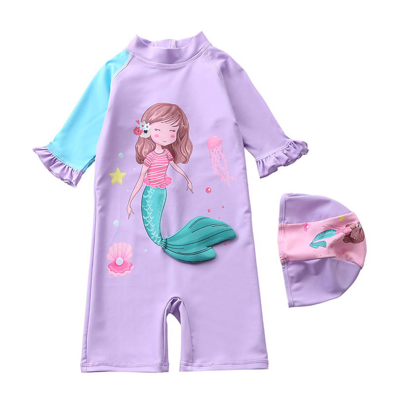 Baby Girls Stereoscopic Mermaid Cartoon Printed Swimsuits Long Sleeve Ruffled One-Piece