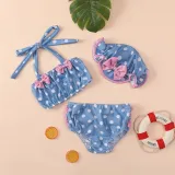 3PCS Toddler Girl Swimsuit Stripe Dot Bowknot Ruffled Beachwear