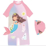 Baby Toddler Girl Pink Cartoon Mermaid Swimsuit Beachwear With Swimming Cap
