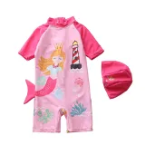Baby Toddler Girl Pink Cartoon Mermaid Swimsuit Beachwear With Swimming Cap