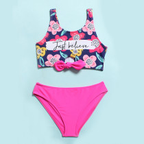 Toddler Girl Swimsuit Flower Printing Bowknot Vest Beachwear Set