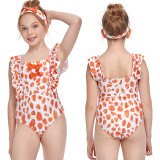 Girls Swimsuit Petal Printed Flounces Sleeve Bowknot One-Piece Bikini Set Beachwear