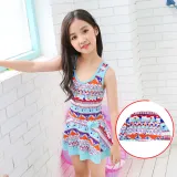 Girls Print Bathing Suits Ruffle One Piece Swimsuits Beachwear with Cap