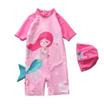 Baby Toddler Girl Pink Cartoon Mermaid Swimsuit Beachwear With Swimming Cap