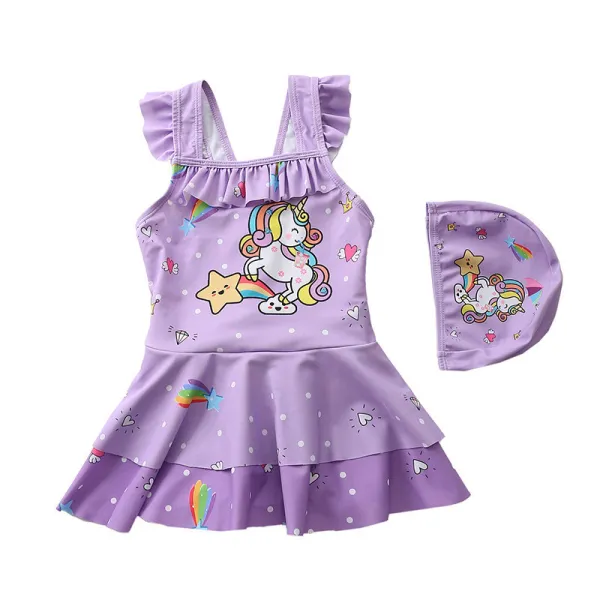 Baby Girls Rainbow Unicorn Cartoon Castle Printed Swimsuits Ruffled Skirts One-Piece