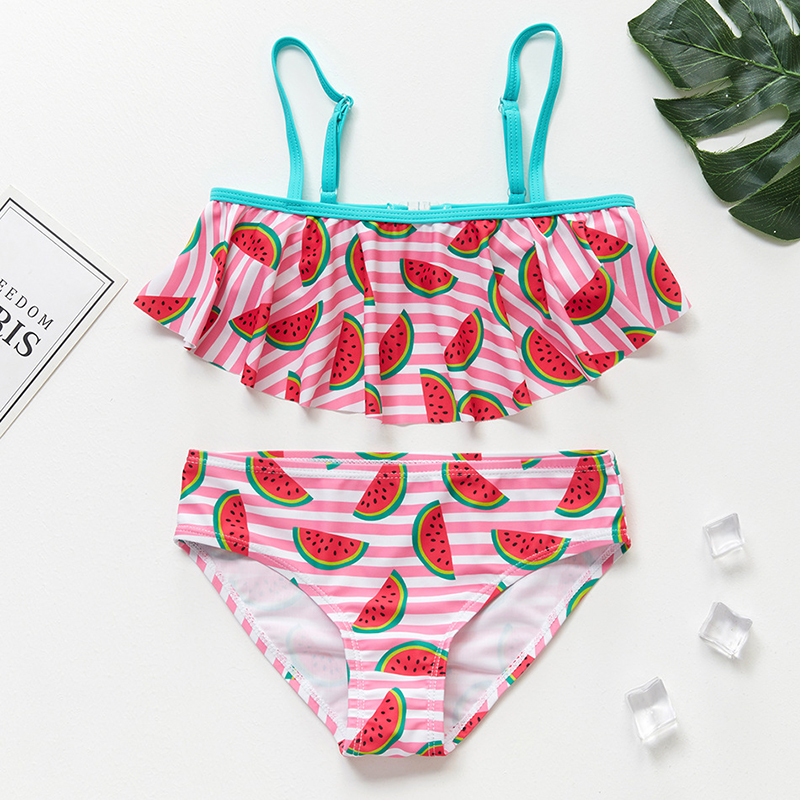 Toddler Girl Swimsuit Fruit Watermelon Avocado Printing Ruffled Stripe Bikini Set