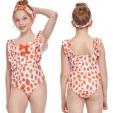 Girls Swimsuit Petal Printed Flounces Sleeve Bowknot One-Piece Bikini Set Beachwear