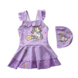 Baby Girls Rainbow Unicorn Cartoon Castle Printed Swimsuits Ruffled Skirts One-Piece