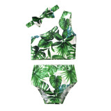 Baby Girl Swimsuit Sunflower Leaves Printing One Shoulder With Bow Headband