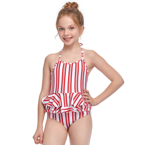 Girls One-Piece Vertical Stripe Swimsuit Ruffled Beachwear For Toddler Kids